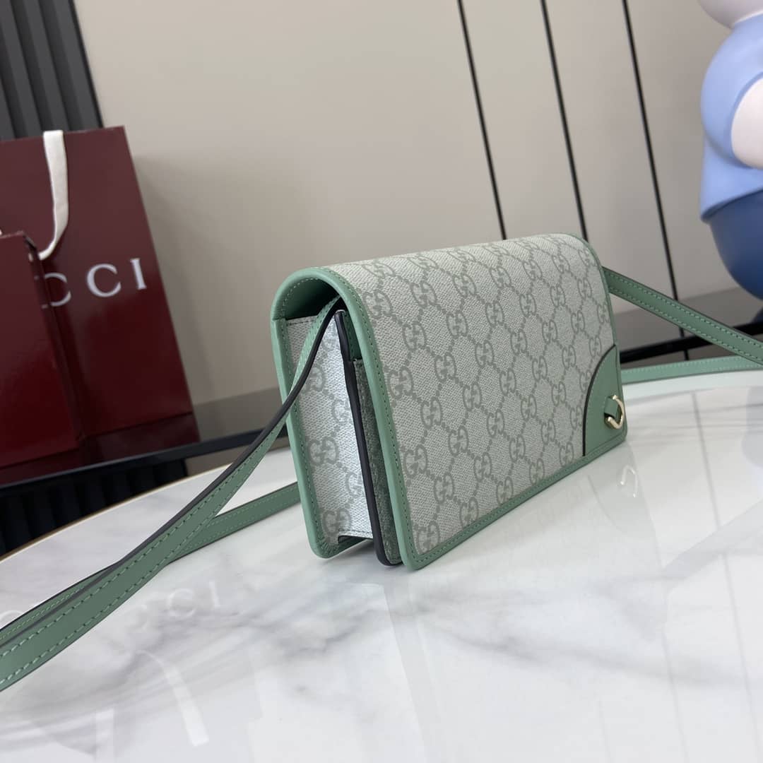 Gucci GG Emblem Grey Green Wallet with Leather Strap_2_164056 Gucci GG Emblem Grey Green Wallet with Leather Strap