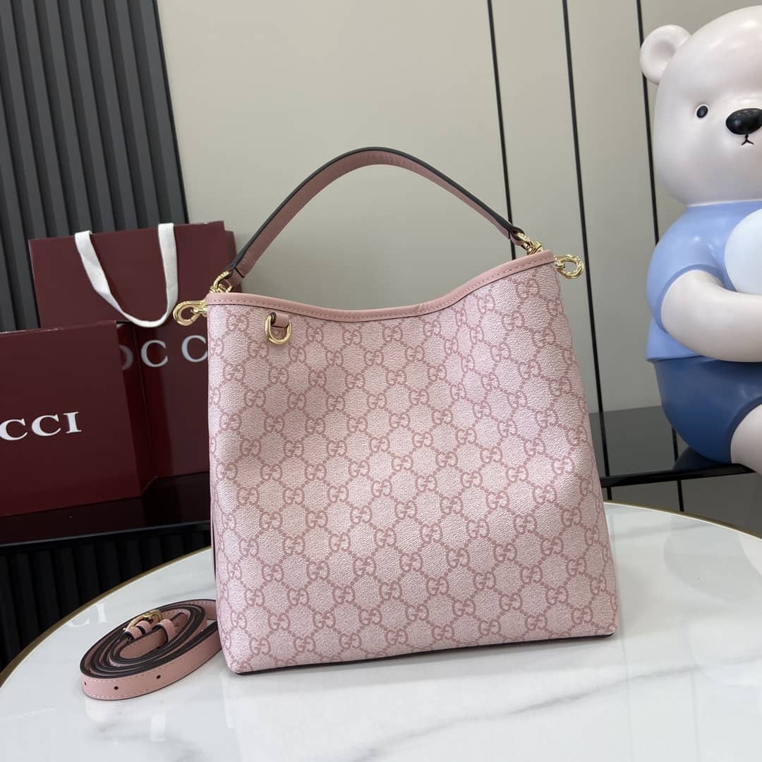 Gucci GG Emblem Medium Pink Bucket Bag 815103_10_164076 Gucci GG Emblem Medium Pink Bucket Bag 815103